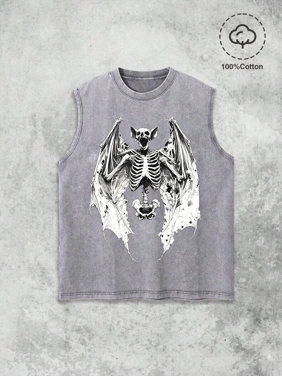 Gothic Bat Skeleton Wings Graphic Washed Sleeveless Tank Top Men, Retro Distressed Independence Day Of The United States Punk Streetwear Casual Vest - 灰色 - 查看 1