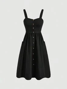 Vestido de verano para mujer de unicolor sin mangas con bolsillos - Negro - Ver 5