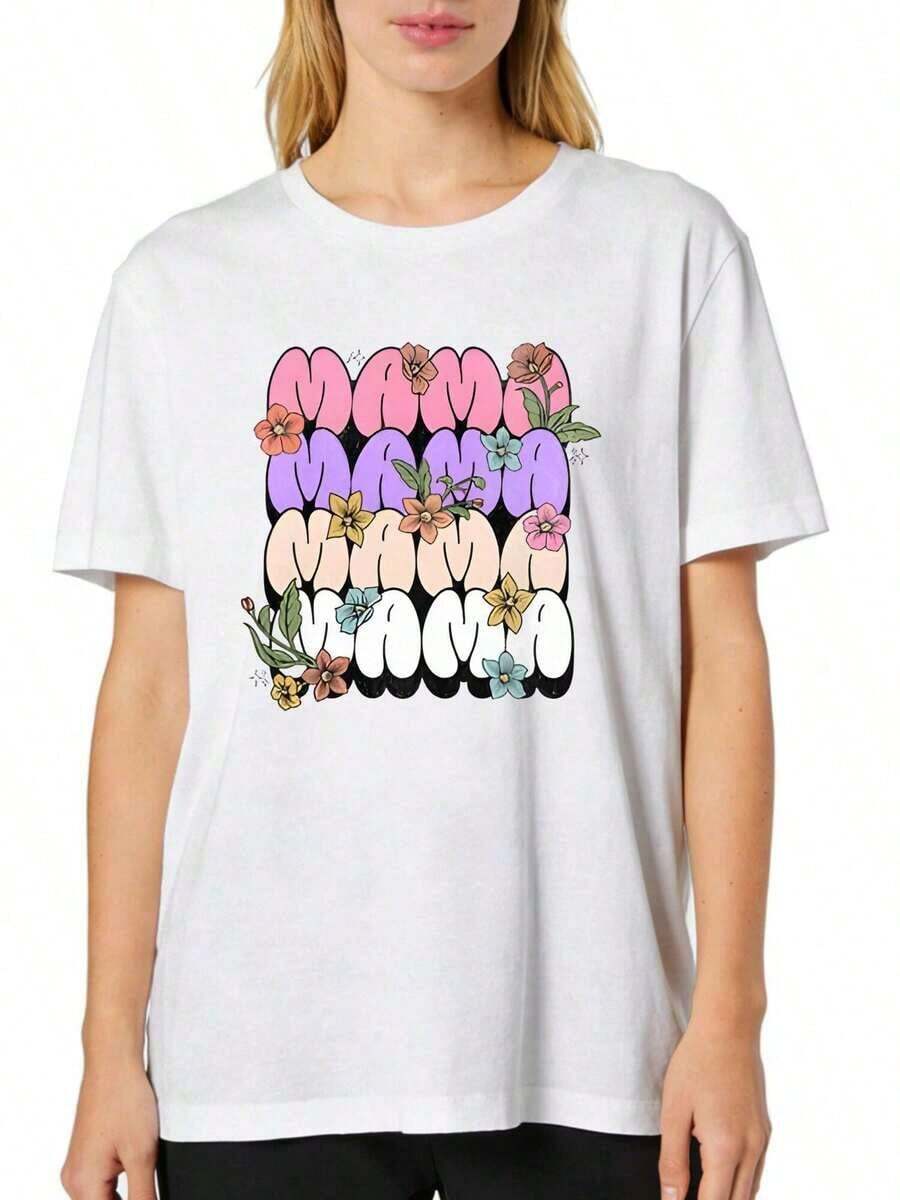 Women's Plus Size Short-Sleeved T-Shirt With Round Neck And "Mama" Graphic Print In Vibrant Colors, Relaxed Fit, Comfortable For Spring And Summer, Women's T-Shirt, Machine Washable, Comfortable Fit. - 白色 - 查看 1