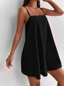 Vestido informal suelto de un solo color para mujer - Negro - Ver 3