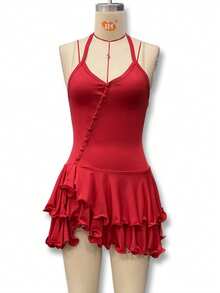 Vestido corto elegante mujer manga campana halter espalda descubierta ajustado con botones estilo europeo nueva moda - Rojo - Ver 7