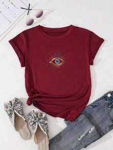 Camiseta de manga corta con estampado de ojo para mujer, blusas con gráficos para mujeresPure-Cotton - Albaricoque - Ver 6