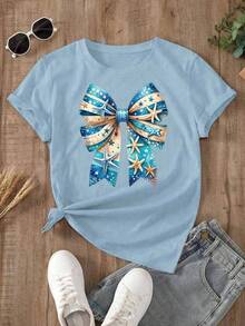 Women's Light Blue Summer Oversized T-Shirt With Nautical Bow And Starfish Print. Casual Light Blue Short-Sleeved T-Shirt With Nautical Bow, Ideal For Beach And Summer Looks. - YH370-藍色 - 查看 2