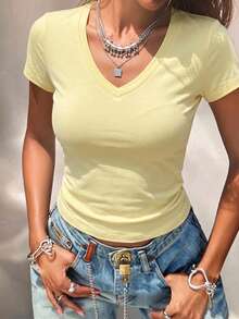 Áo nữ cổ chữ V, thiết kế thời trang tối giản mùa hè mới, áo thun tay ngắn casual, áo kiểu đa năng sành điệu. - Màu vàng - Xem 4
