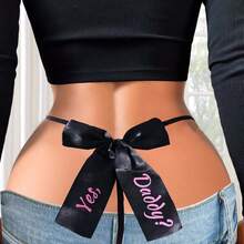 1 pieza Tanga sexy con letras de strass caladas, lencería erótica de cintura baja - Negro - Ver 2