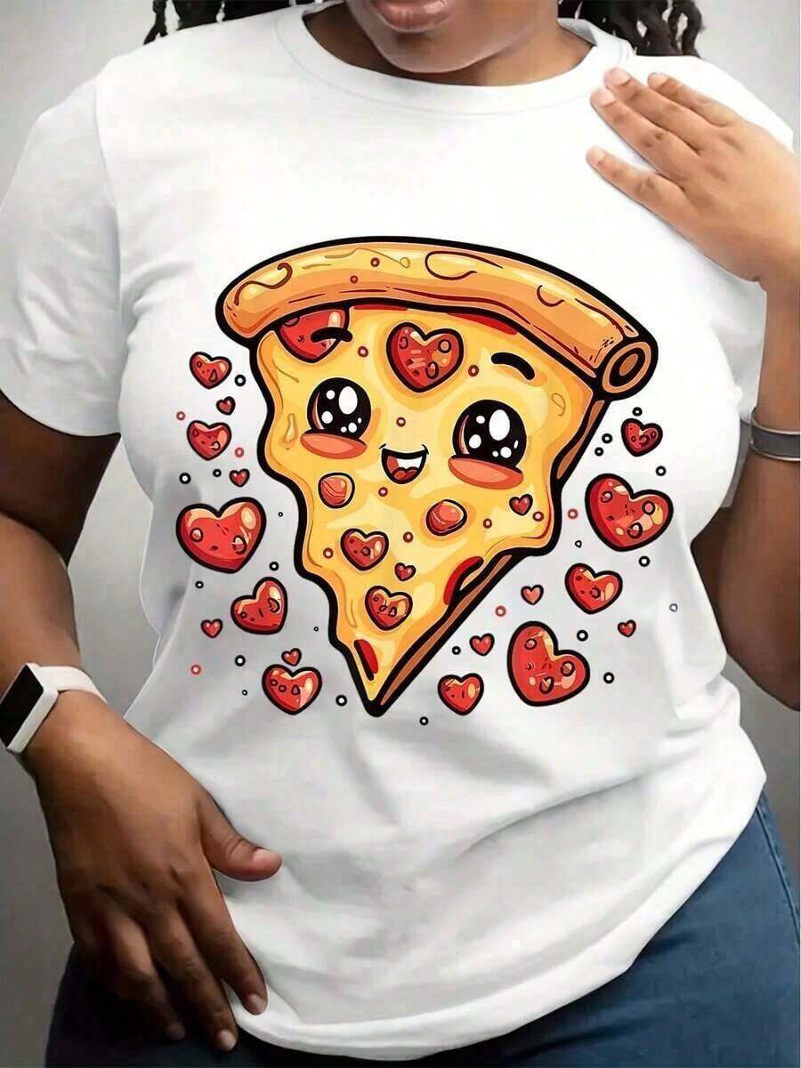 playeras de algodón mujer 1psc1 pieza de camiseta Kawaii de rebanada de pizza con corazones para mujeres y hombres, camiseta gráfica de comida divertida, regalo de San Valentín, camisa de algodón en blanco y negro, diseño de pizza de dibujos animados, ropa temática de amor 180g 100% algodón suave100%cotton ropa de mujer Daily home top - Blanco - Ver 1