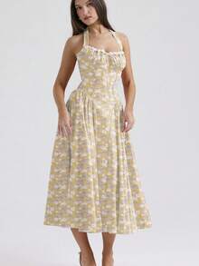 Long Dress With Adjustable Straps And An Elegant European-Style Print. - Yellow - View 2