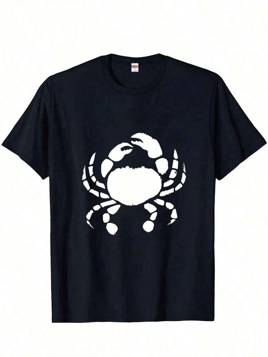 1 Piece Of Easter Gift Casual T-Shirt With Crab Design, Short Sleeves, Perfect For Outings, Parties And Travel (Single Piece, Material: 100% Cotton) 180g 100% Cotton, Designs Are Printed. Unisex. - Black-2 - 查看 1