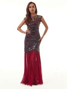 Women's Long Party Dress With V-Neck, Sequin And Lace Embroidery On The Top, Flowing Chiffon Skirt, Various Colors (Green, Black, Red, Champagne), Ideal For Banquets And Formal Events. - 紅色 - 查看 1