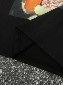 Women's Oversized T-Shirt With Vintage Cat And Meteorite Print, Unisex T-Shirt With Fun And Original Design, American Casual Style, Streetwear, Simple, For Birthdays, For Girls, Beach Vacation, Tropical Style, Round Neck, Short Sleeve, Loose, Casual And Versatile, Y2k T-Shirt. - 黑色 - 查看 5