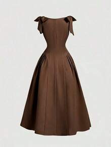Vestido color albaricoque con cuello redondo, sin mangas, con ribete de contraste, lazo decorativo en la cintura y bajo acampanado - Café integral - Ver 8