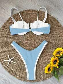 Nuevo Llegado Oficial Primavera/Verano Elegante Casual Sexy Traje de Baño Bikini de Mujeres en Blanco y Negro a Patchwork, para Playa, Fiesta, Cita, Vacaciones - Celeste - Ver 5