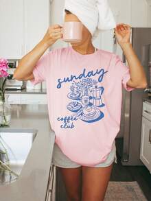 1 camiseta de manga corta con hombros caídos, estampado de letras estilo café del domingo y desayuno, estilo line art, 180g, 100% algodón. - Blanco - Ver 8