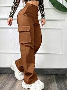 Women's Solid Color Straight Loose Casual Cargo Pants - Brown - View 3