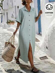 Holidaya Vestido casual de verano de algodón y lino con botones delanteros a rayas para mujer - Verde - Ver 3