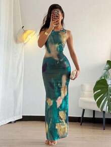 Vestido largo de mujer de vestido de escote con estampado de teñido anudado, vestido de verano largo, vestido largo verde maxi para outfit de mujer - Verde - Ver 7