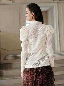 Camisa de mujer de manga larga elegante con diseño de corbata de moño, con sensación de alta gama, adecuada para primavera y el Día de San Valentín - Albaricoque - Ver 5
