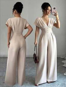 Mono elegante de pierna ancha de unicolor con cuello en V profundo y fruncido para mujer - Albaricoque - Ver 2