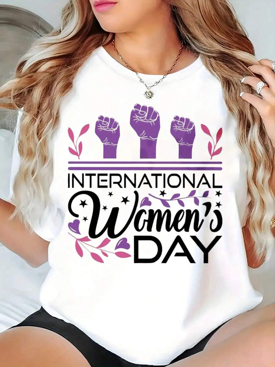 Women's T-Shirt For International Women's Day, Vintage Round Neck Short Sleeve T-Shirt, 100% Polyester Knit Fabric, Medium Stretch, Casual All-Season Sportswear, 180 G/M² - Exclusive To Luokeren - 白色 - 查看 1