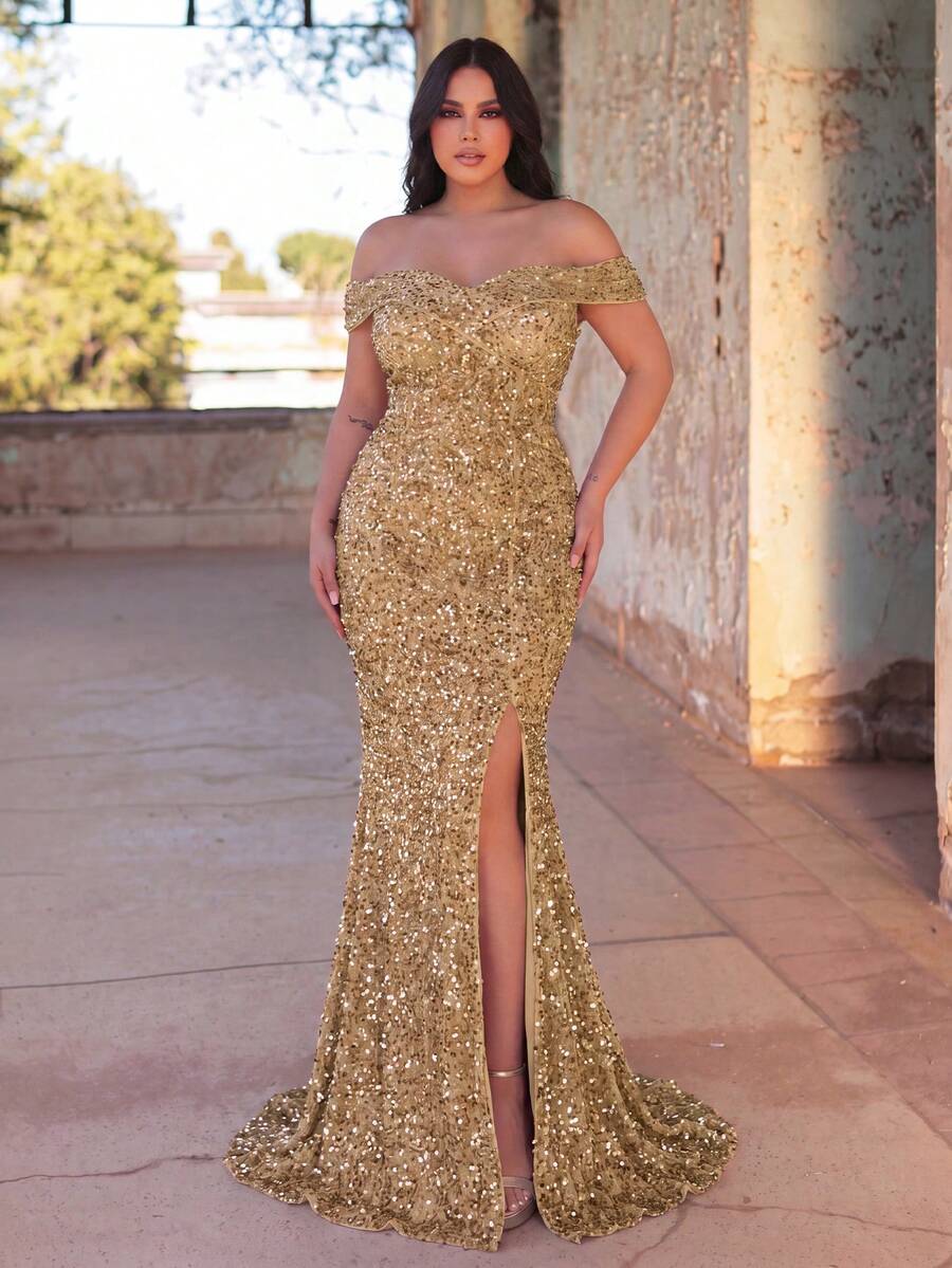 Faeriesty Đầm dạ hội cỡ lớn dành cho nữ, kiểu dáng đuôi cá, hở vai, đính sequin lấp lánh, thanh lịch, xẻ cao - Thích hợp cho các sự kiện thảm đỏ, đám cưới sang trọng, tiệc tùng lộng lẫy và các dịp trang trọng, trang phục dự tiệc mùa hè, mùa xuân.