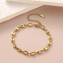2pcs/1pc Stainless Steel Oval Coffee Bean Pig Nose Necklace & Bracelet Set, Women's Jewelry Set - Gold - View 8