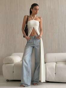 Elegant Sleeveless Halter-Style Dress, Exclusive Design, Fitted Cut With A Wide Slit, Versatile And Unique Style - 杏色 - 查看 2