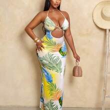Women's Tropical Plant Print Hollow-Out Sexy Tie Neck Dress, Vacation Wear - Multicolor - Ver 4