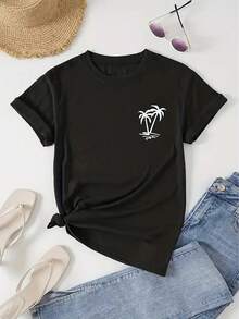 Women's T-Shirt With Tropical Coconut Print, Featuring A Simple Coconut Tree Design, Conveys The Relaxed Vibe Of The Island And The Sun, Ideal For Summer And The Perfect Holiday Gift. - 黑色 - 查看 7