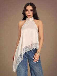 Top halter con escote trasero, bajo asimétrico y parches de encaje, sexy para el verano - Albaricoque - Ver 3
