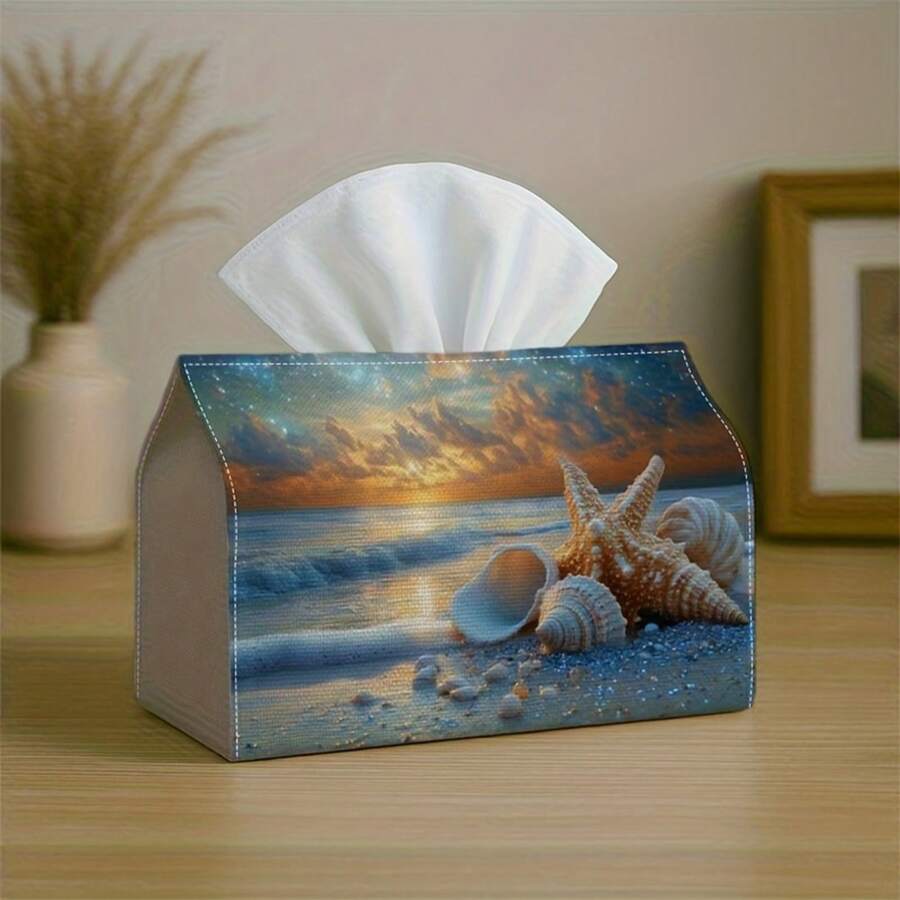 1pc Beach Decor Tissue Box With Seashell And Starfish, Suitable For Holiday Home Decor, Kitchen, Living Room, Car - Ideal Gift Tissue Paper Dispenser, Compact & Stylish, For Tissue Storage Or Decorative Purpose