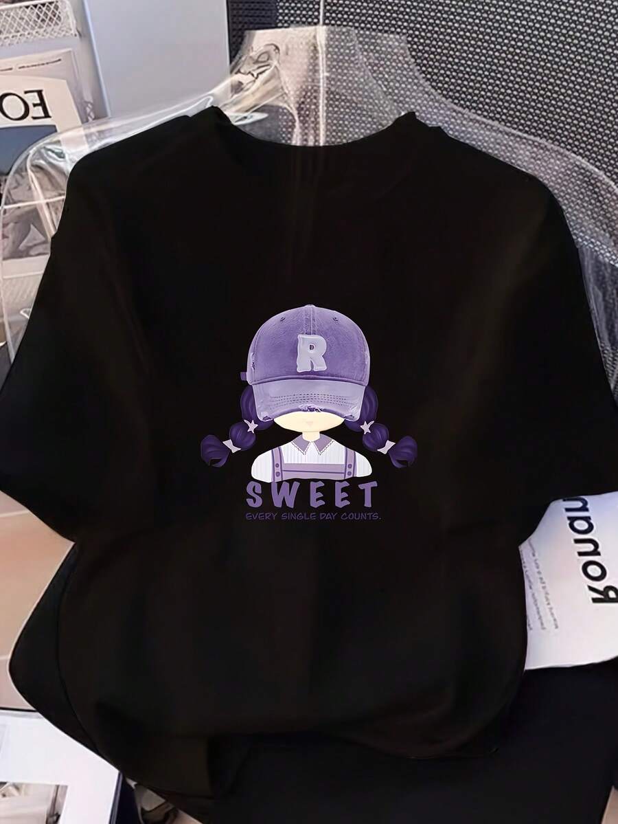 Camiseta de cuello redondo con estampado de chica morada para mujer, estilo deportivo casual, manga corta para primavera/verano. - Negro - Ver 1