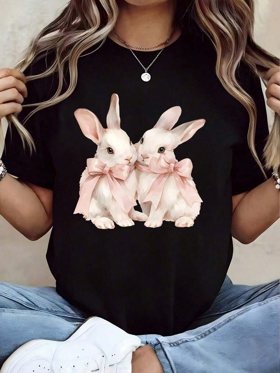 Summer Casual Short-Sleeved T-Shirt With Bunny And Bow Tie. Ideal For Everyday Wear And Vacations. Perfect For Spring And Summer. Women's Short-Sleeved T-Shirt, A Basic Style That Goes With Everything, For Indoor And Outdoor Wear. - 黑色 - 查看 1
