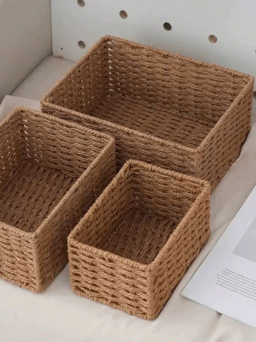 1/3 Pcs Handmade Woven Storage Baskets, Bathroom Storage Baskets, Kitchen Snack Racks, Office Bookshelves, Stationery Medicine Boxes, Toy Baskets, Vanity Cosmetic Storage Baskets - Wood Color - View 1