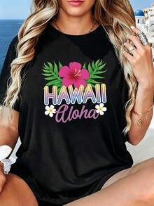 Camiseta de manga corta con cuello redondo para mujer, con estampado de flores de hibisco y hojas de palma estilo HAWAII Aloha, para compras informales, regalos de vacaciones, reuniones con amigos, fiestas deúsica, conjuntos de vacaciones - Camiseta unisex de algodón holgada de estilo vintage urbano con cuello redondo. - Negro - Ver 7