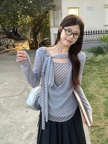 Swing Collar Plaid Ribbon Patchwork 2 In 1 Top, Pleated Design Versatile Long Sleeve T-Shirt For Women - Grey - View 6