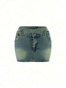 Chân váy denim ôm sát cạp cao, phong cách thường ngày mùa hè - Rửa trung bình - Xem 6