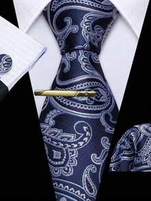 Navy Blue Jacquard Pattern Men's Tie Set - Includes Pocket Square, Cufflinks And Gold Tie Clip, Luxury Tie Suitable For Formal Occasions,Accessories,Festival,Gifts - Navy Blue - View 1