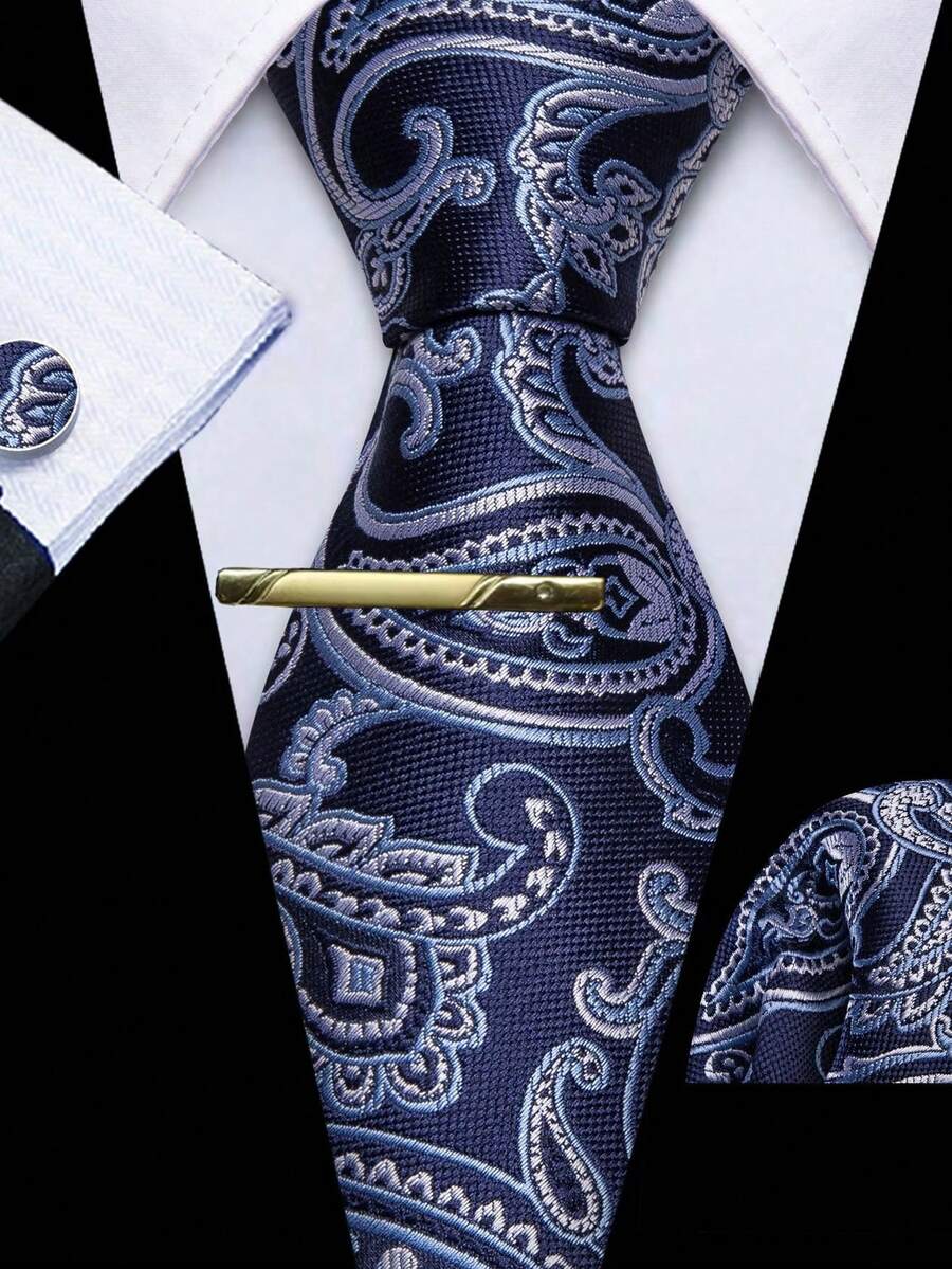 Navy Blue Jacquard Pattern Men's Tie Set - Includes Pocket Square, Cufflinks And Gold Tie Clip, Luxury Tie Suitable For Formal Occasions,Accessories,Festival,Gifts - Navy Blue - View 1