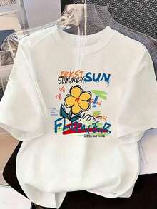 Dibujo Floral Colorido Estilo Street Juvenil, Cuello Redondo, Manga Corta, Estilo Casual, Adecuada para Mujeres en Primavera y Verano, Color Blanco,playeras de mujer,tops 100% Cotton Blusas Bonito - Blanco - Ver 7