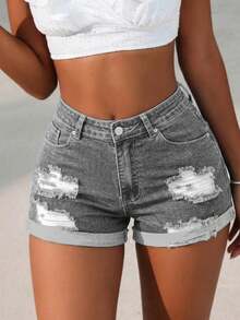 Celana Pendek Denim Wanita Seksi dengan Detail Sobek, Elastis, Pas Badan, dan Potongan Lurus, Musim Panas - Grey - View 4