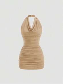 Vestido mini ajustado y sexy sin mangas con cuello drapeado y espalda descubierta con lazo - Caqui - Ver 1