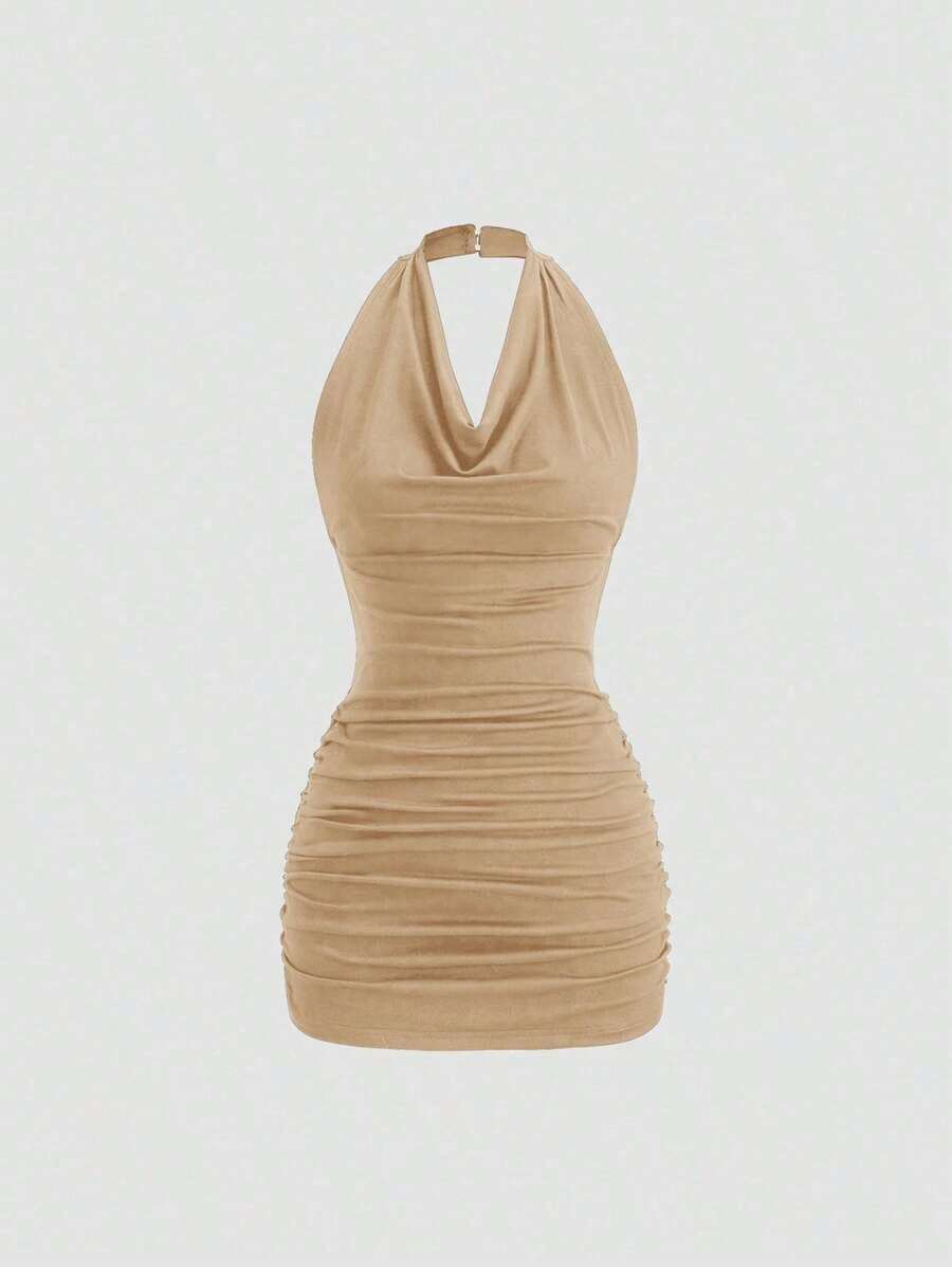 Vestido mini ajustado y sexy sin mangas con cuello drapeado y espalda descubierta con lazo - Caqui - Ver 1