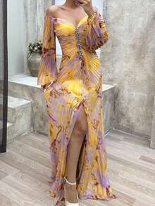 Long Pleated Dress With Long Sleeves, Casual Style For Autumn And Winter - Yellow - View 3