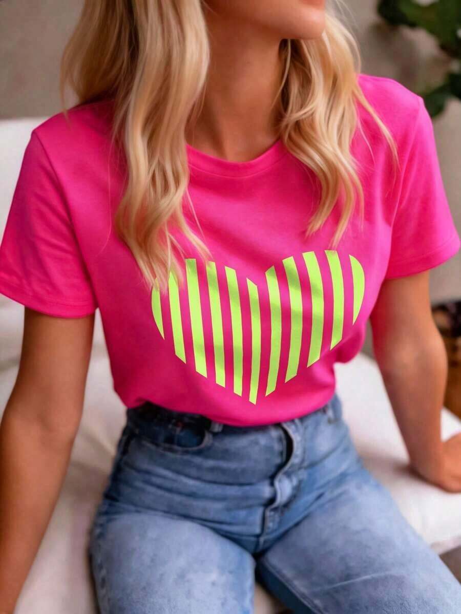 Camiseta casual de mujer con estampado de corazones y rayas, para verano - Rosa Fucsia 2 - Ver 1