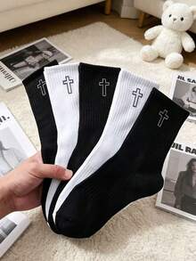 10 đôi tất dài đến bắp chân in họa tiết chữ thập, chất liệu cotton mềm mại, thoáng khí, kiểu dáng thời trang thường ngày dành cho nam và nữ. - Nhiều màu - Xem 8