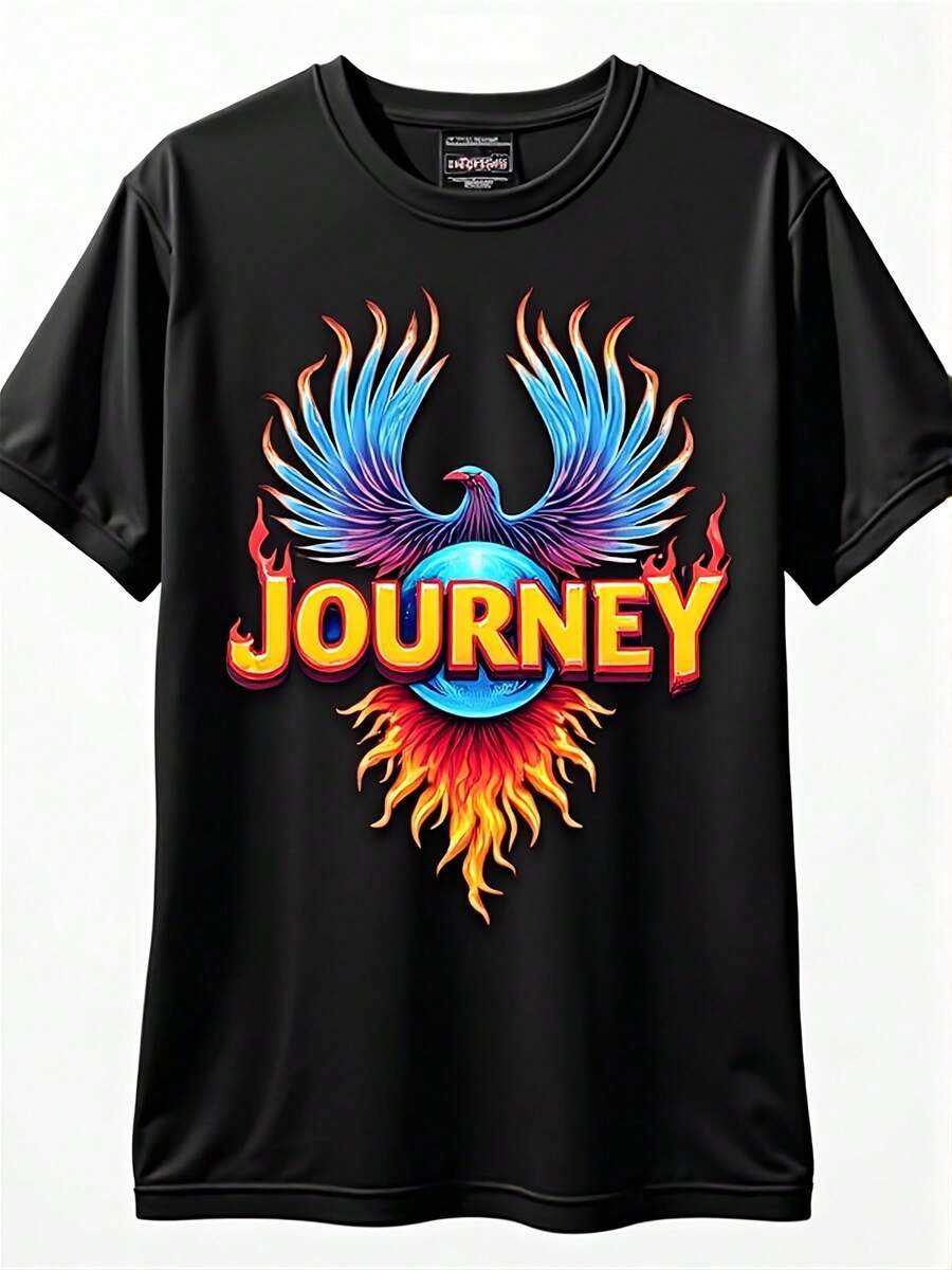 Unisex T-Shirt Made Of Pure Cotton, Women's Classic Rock Band T-Shirt - Black, Short Sleeve, Crew Neck, Casual Shirt With Iconic Flame Design, Suitable For All Seasons, Medium Stretch Band, Perfect For Concerts, Casual Clothing, Machine Washable, Retro Outfit, Summer T-Shirt, Summer Clothes For Women, Men's Summer Outfit, Women's Shirt, Creative Design, Outdoor Play, Cool Style, Fun Design, Great For Outdoor Play - Black - View 1