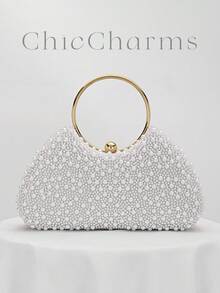 Bolso de noche de mujer con perlas, bolso de mano, bolso de embrague con correa de cadena, elegante bolso de hombro, bolso de novia adecuado para fiestas, bodas, galas, cenas, que combina con vestidos formales, vestidos de noche, vestidos de cumpleaños - Blanco - Ver 7