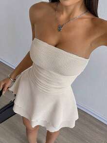 Vestido corto sexy tipo bandeau con estampado de leopardo y falda con volantes en capas - Albaricoque - Ver 4