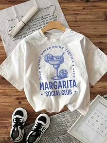 Camiseta con Estampado Gráfico |       Top Casual de Manga Corta y Cuello Redondo para Verano y Primavera, Ropa de Mujer Tayzi SCVY - Blanco - Ver 1