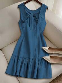 Vestido casual mini de mujer con tirantes de amarre, espalda descubierta, sin mangas, corte evasé y dobladillo con volantes - Azul - Ver 2